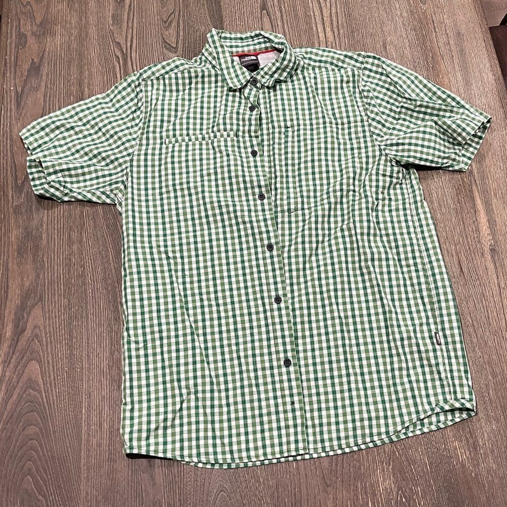 The North Face Button Up Shirt Short Sleeves Pocket Plaid Nylon Green White L